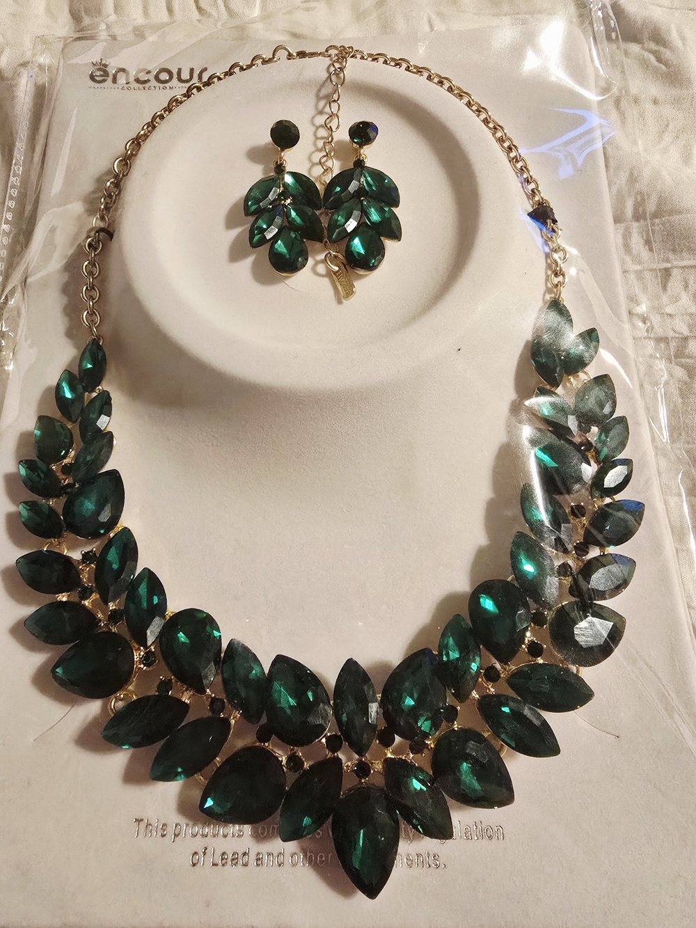 Encour Emerald Green Leaf Crystal Necklace & Earring Set